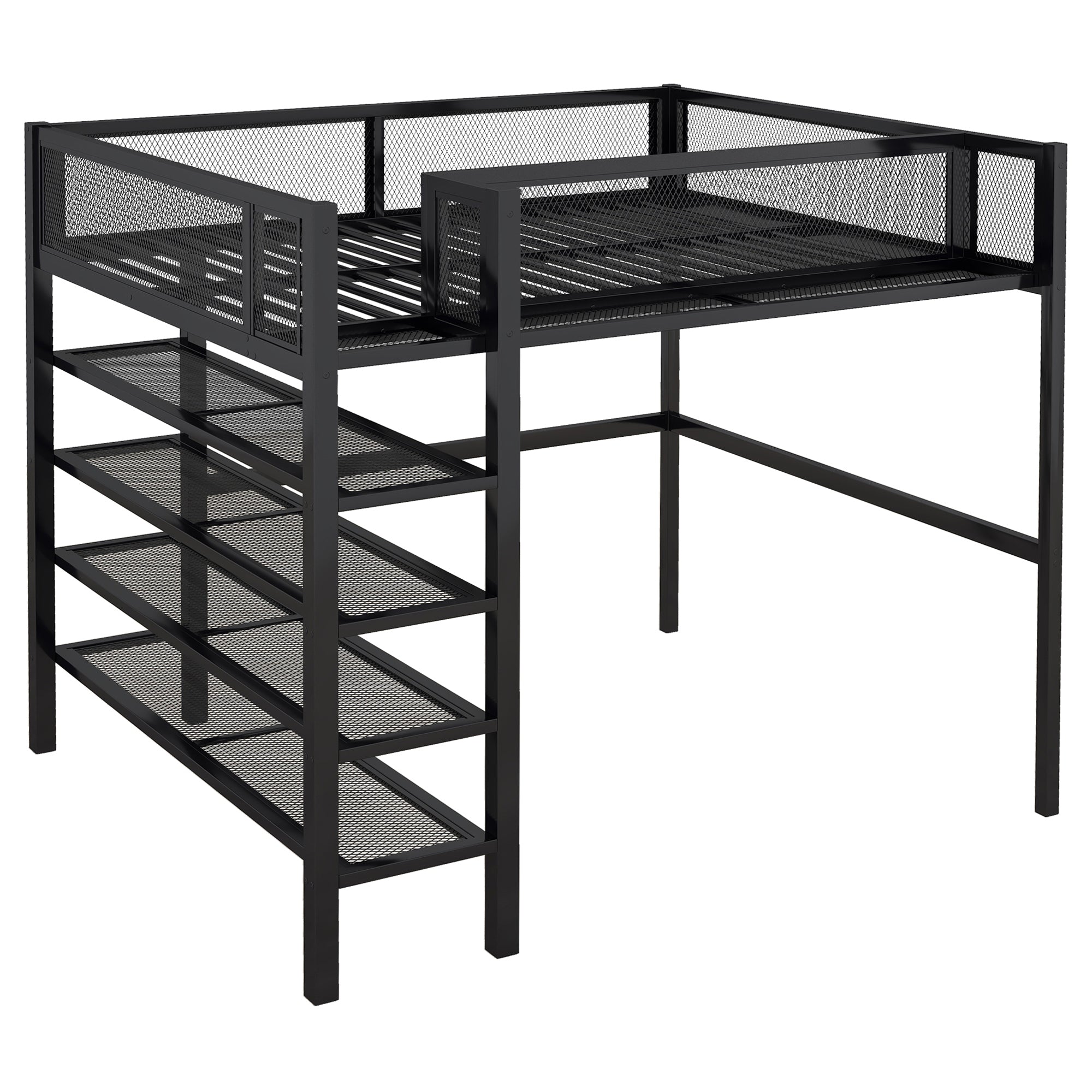 Full Size Metal Loft Bed with 4-Tier Shelves and Storage, Black - Atlantic Fine Furniture Melbourne FL