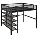 Full Size Metal Loft Bed with 4-Tier Shelves and Storage, Black