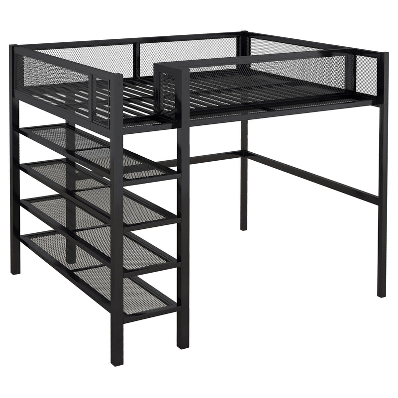 Full Size Metal Loft Bed with 4-Tier Shelves and Storage, Black