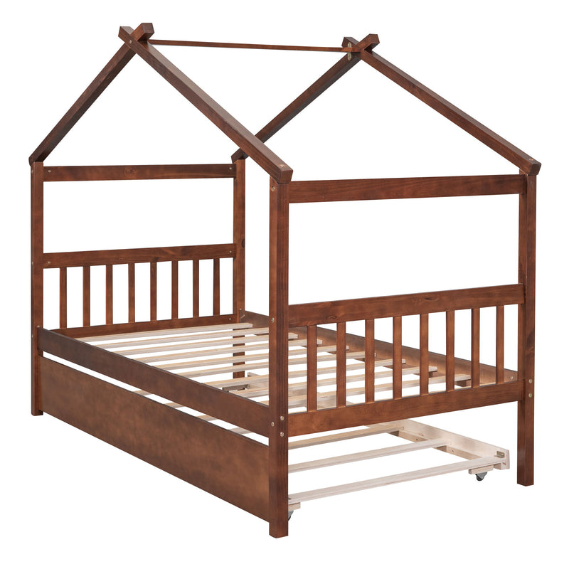 Wooden House Bed With Twin Size Trundle