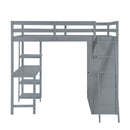 Full Size Loft Bed with Wardrobe and Desk and Shelves, Gray