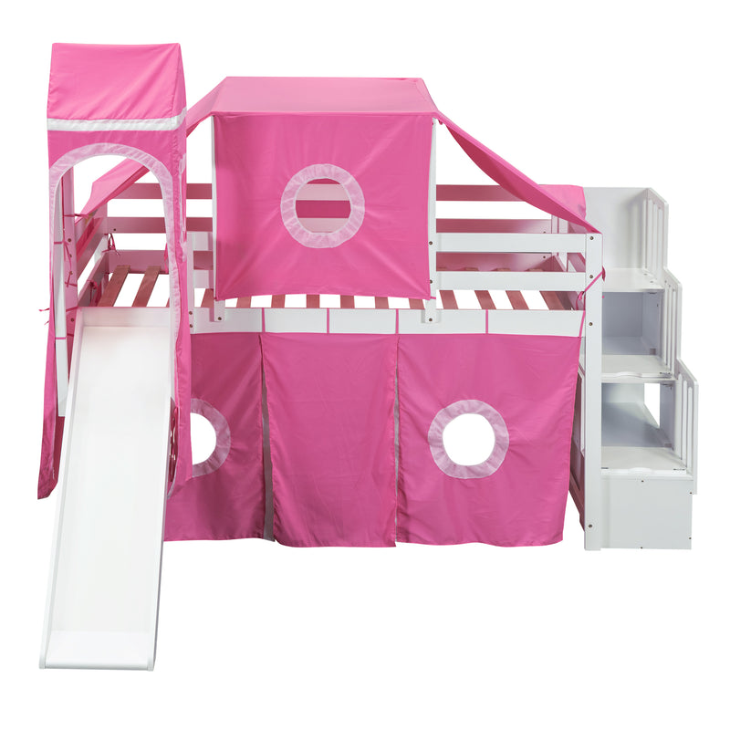 Twin Size Loft Bed with Tent and Tower - Pink