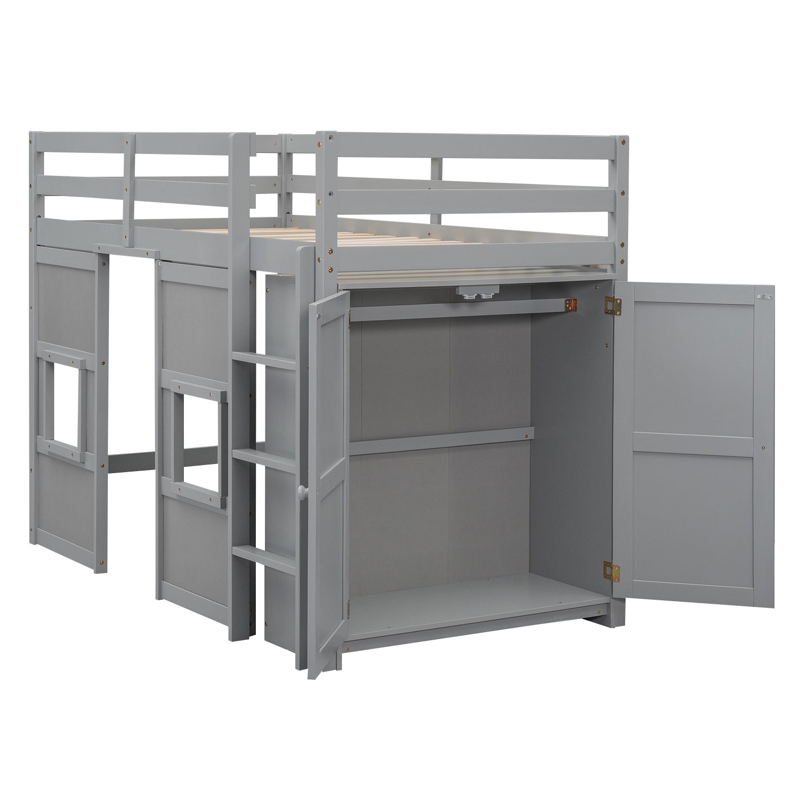 Wood Twin Size Loft Bed with Built-in Storage Wardrobe and 2 Windows, Gray - Atlantic Fine Furniture Melbourne FL