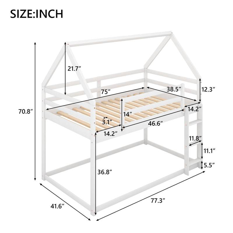 Twin Over Twin Low Bunk Bed, House Bed With Ladder - White