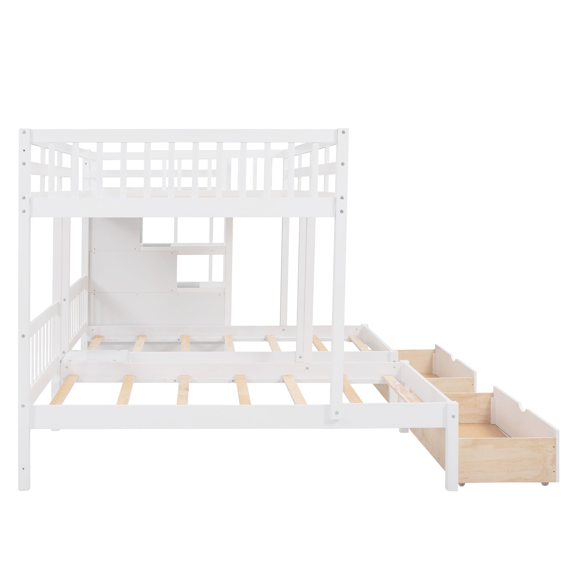 Full Over Twin & Twin Bunk Bed, Wood Triple Bunk Bed with Drawers and Guardrails (White) - Atlantic Fine Furniture Melbourne FL