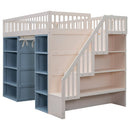 Full Size Loft Bed With 2 Four Layer Storage Cabinets And Curtain With Built In Staircase And Privacy Curtain - White