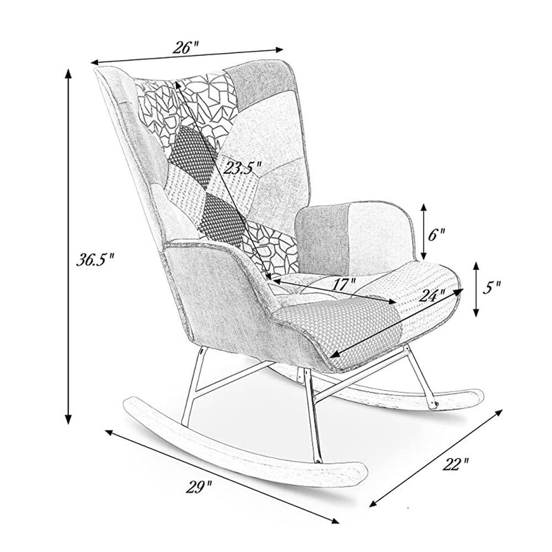 Accent Rocking Chair, Mid-Century Fabric Rocker Chair With Wood Legs And Patchwork Linen For Livingroom Bedroom