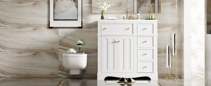 Bathroom Vanity With Resin Sink Combo, Frame Bathroom Storage Cabinet, Freestanding Vanity Set With 3 Drawers & Adjustable Shelf - White