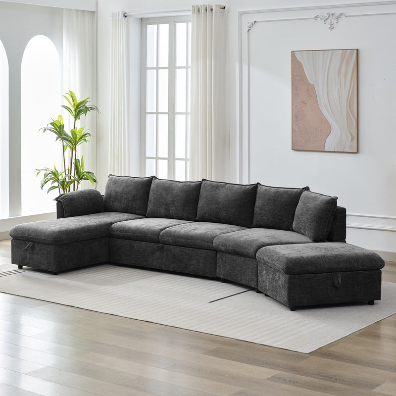 L-Shaped Sofa Sectional Sofa Couch Pull-Out Sofa Bed With A Movable Storage Ottoman, A Storage Chaise Lounge And Two USB Ports For Living Room