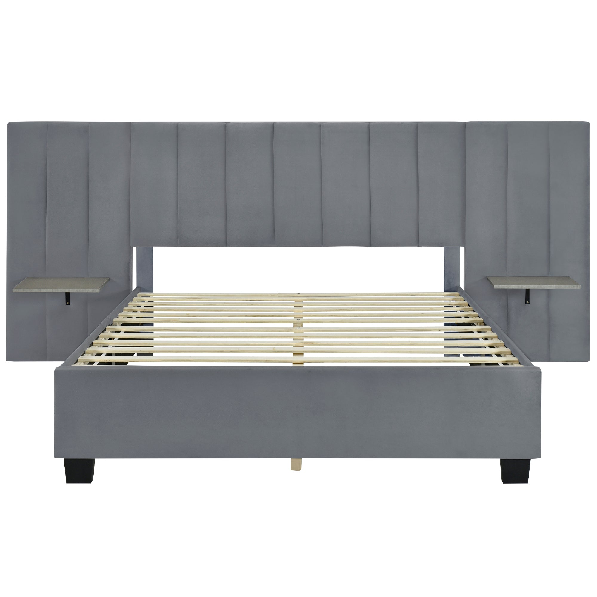 Queen Size Upholstered Platform Bed with Big Headboard, Bedroom Furniture, Velvet, Gray - Atlantic Fine Furniture Melbourne FL
