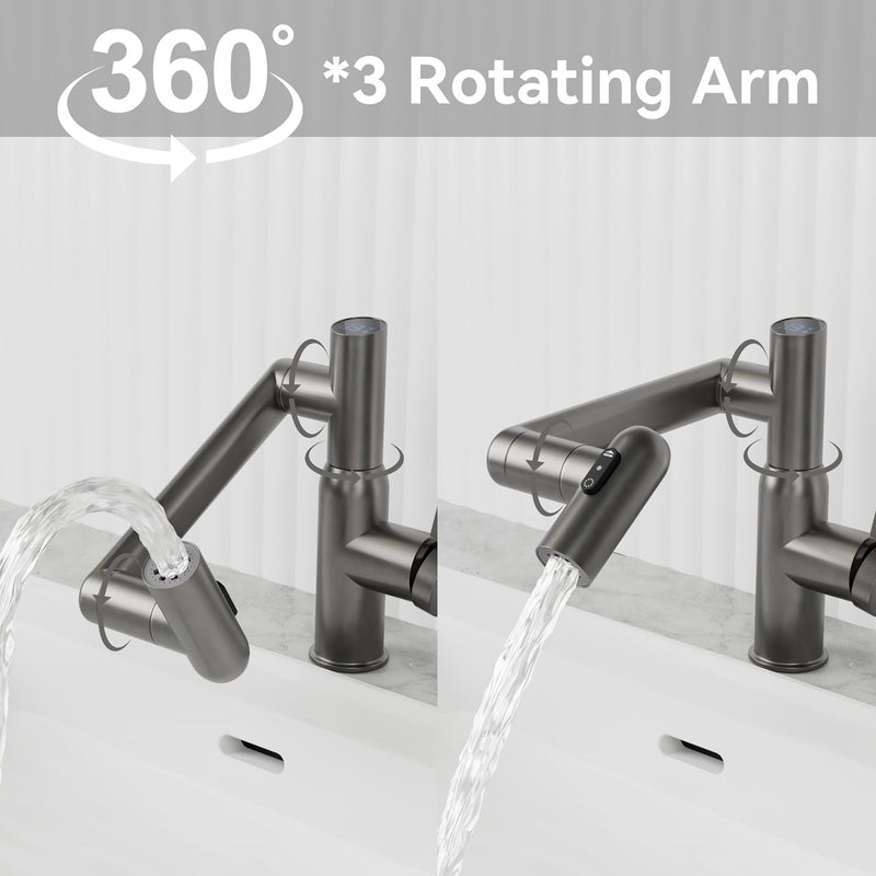 Bathroom Sink Faucet With Spray Function, Temperature Display, Anti Skid Switch, Hot & Cold, 360 Degree Rotary, Brass - Gun Gray