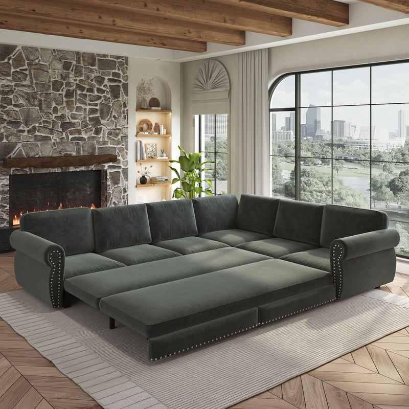 L-Shaped Sofa Couch With Pull Out Bed With Nailhead Trim & Rolled Arm, Sectional Couches, For Living Room - Dark Gray