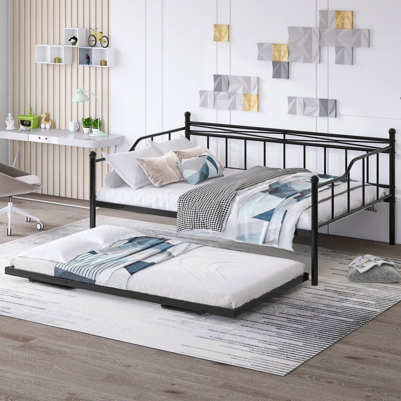 Full Size Metal Daybed with Twin Size Adjustable Trundle, Portable Folding Trundle, Black(OLD SKU:MF293736AAB)