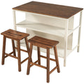Rustic 3 Piece Stationary Kitchen Island Set With 2 Seatings, With 2 Open Shelves
