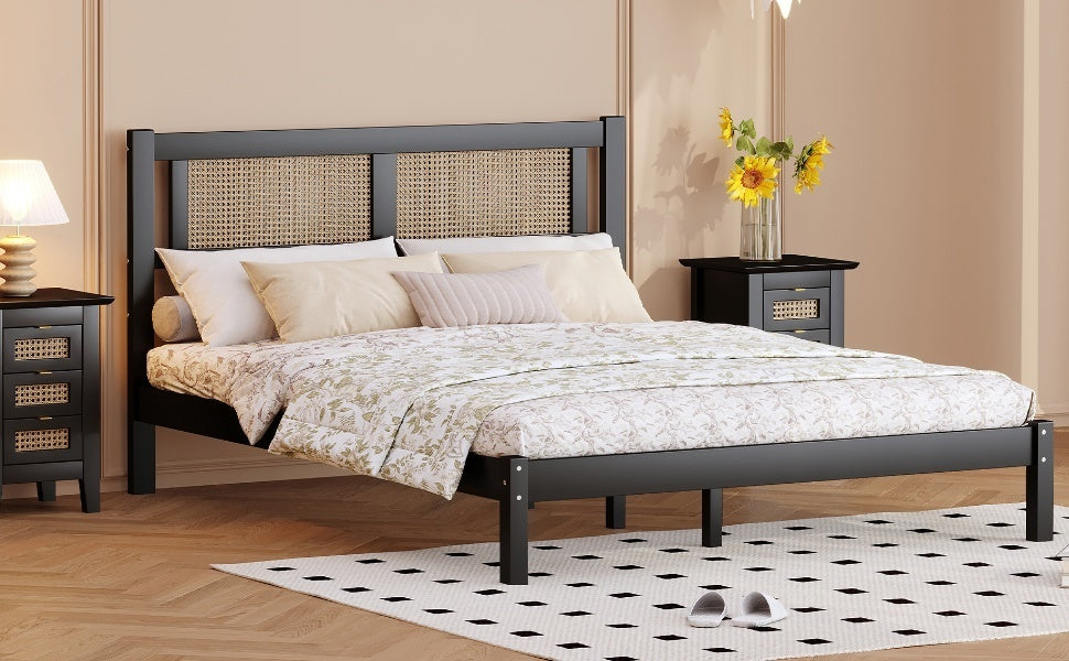 Queen Size Wooden Platform Bed with Natural Rattan Headboard, Exquisite Elegance with Minimalist Charm for Bedroom, Black - Atlantic Fine Furniture Melbourne FL