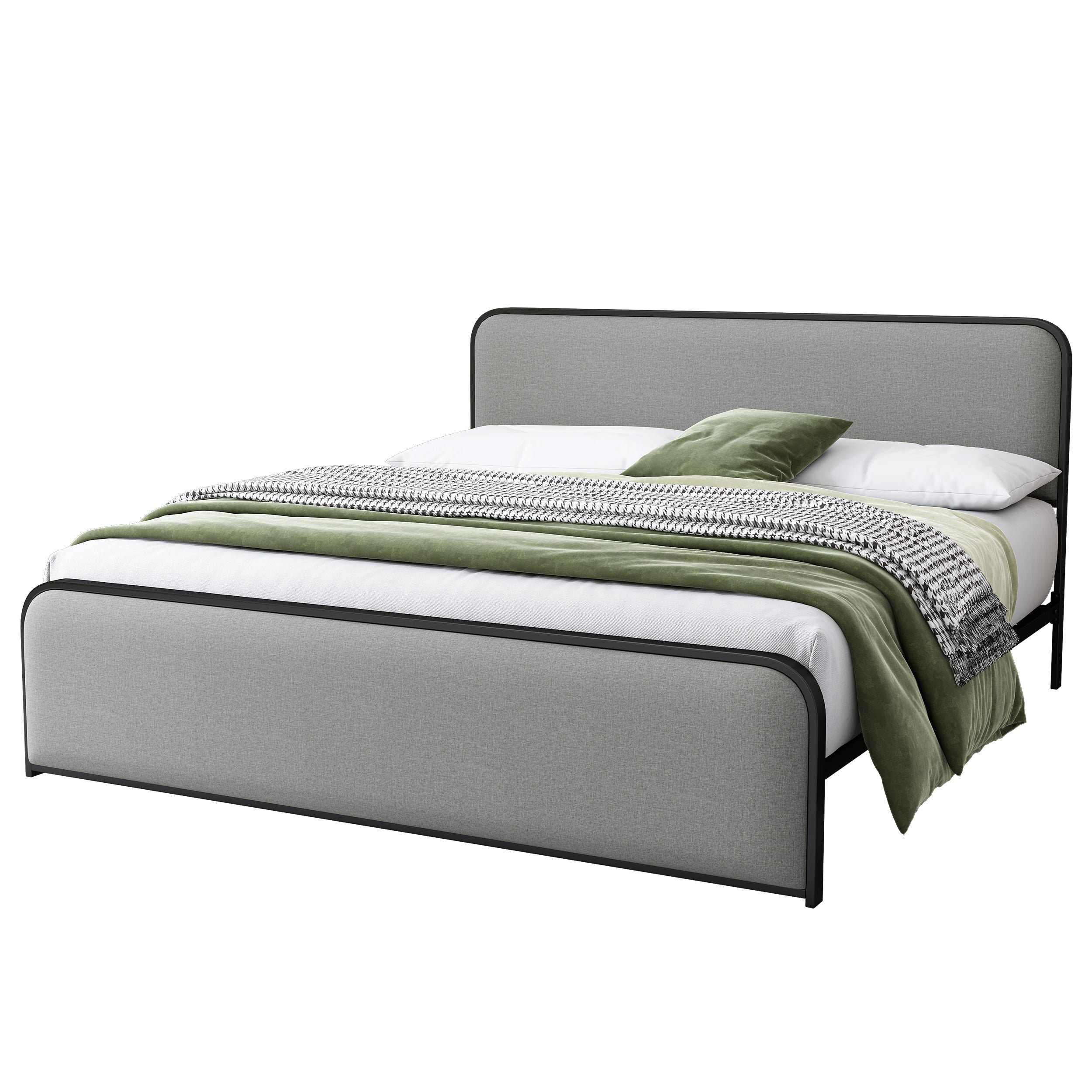 Modern Metal Bed Frame with Curved Upholstered Headboard and Footboard Bed with Under Bed Storage, Heavy Duty Metal Slats, King Size, Grey - Atlantic Fine Furniture Melbourne FL