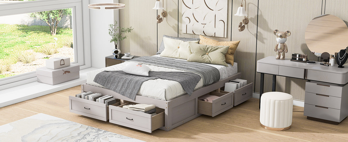 Queen Size Platform Bed with 6 Storage Drawers,Antique White