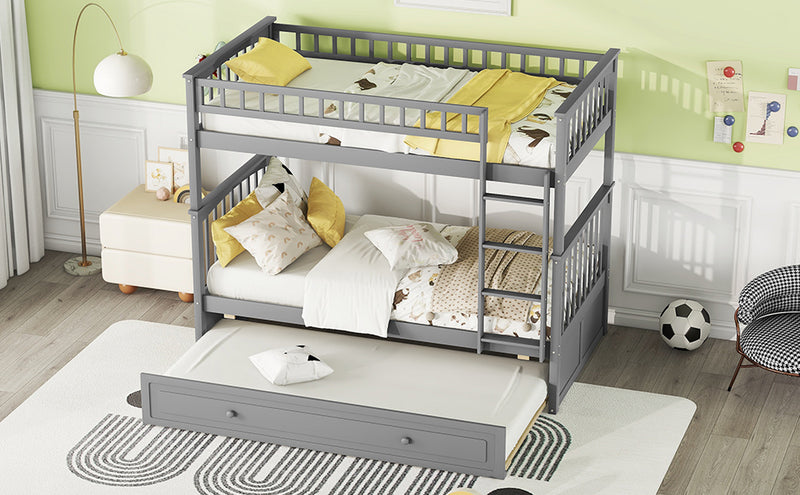 Twin over Twin Bunk Bed with Twin Size Trundle, Convertible Beds, Gray