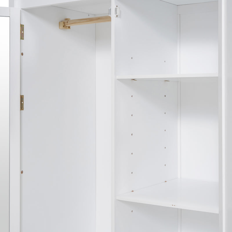 Twin size Loft Bed with Drawer, Two Wardrobes and Mirror, White