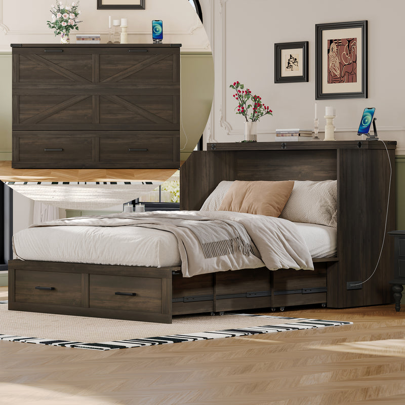 Full Size Farmhouse Murphy Cabinet Bed with Charging Station, Foldable Platform Bed with Large Storage Drawer for Guest-Room, Small Bedroom, Rustic Gray