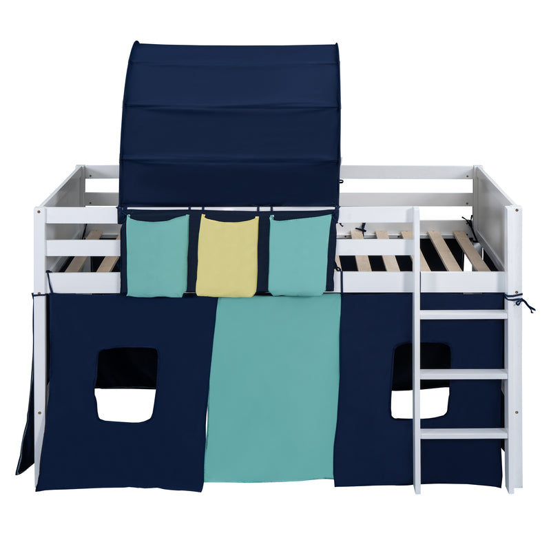 Twin Size Loft Bed with Tent and Tower  and  Three Pockets- Blue