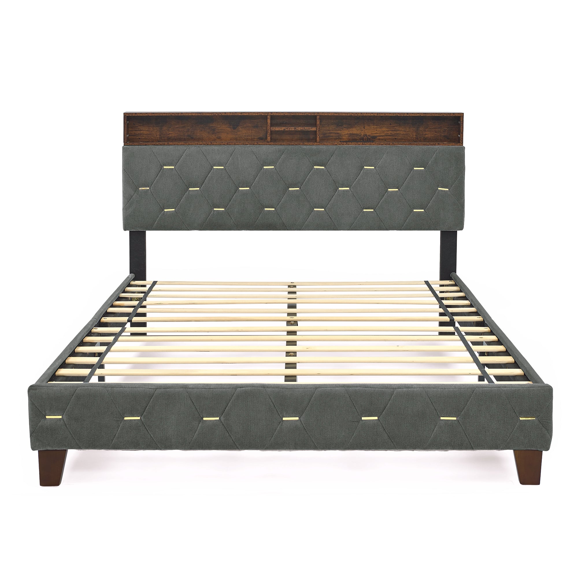 Queen Size Bed Frame, Shelf Upholstered Headboard, Platform Bed with Outlet & USB Ports, Wood Legs, No Box Spring Needed, Easy Assembly, Grey - Atlantic Fine Furniture Melbourne FL