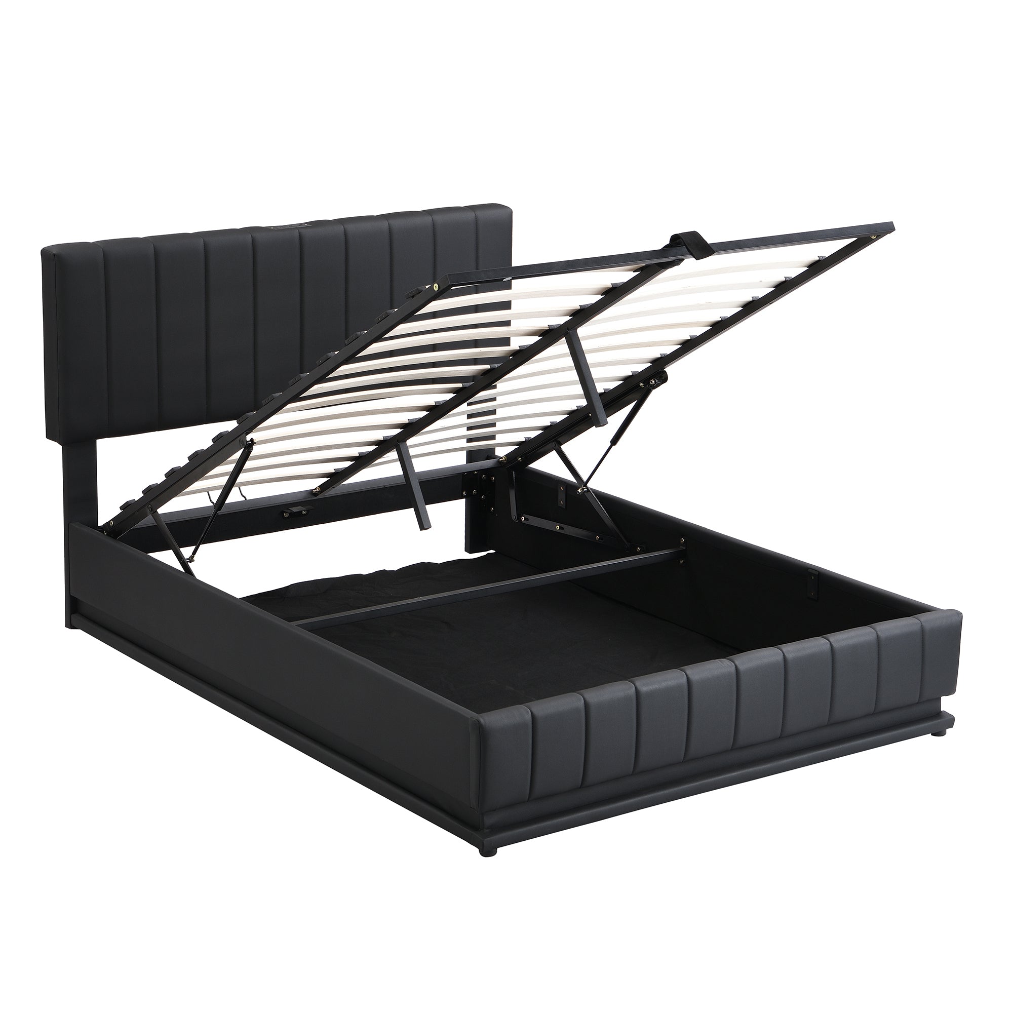 Full Size Upholstered Bed with Hydraulic Storage System and LED Light, Modern Platform Bed with Sockets and USB Ports, Black - Atlantic Fine Furniture Melbourne FL