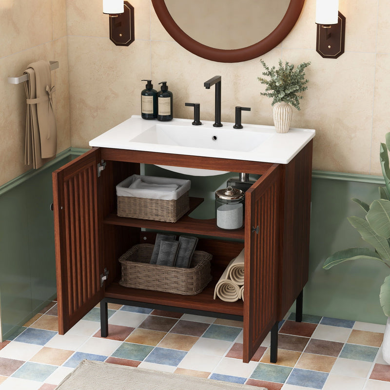 30" Vintage Bathroom Vanity With Ceramic Sink, Modern Bathroom Vanity Cabinet With 2 Soft Close Doors, Equpiied With 4 Sturdy Iron Legs - Antique Dark Brown