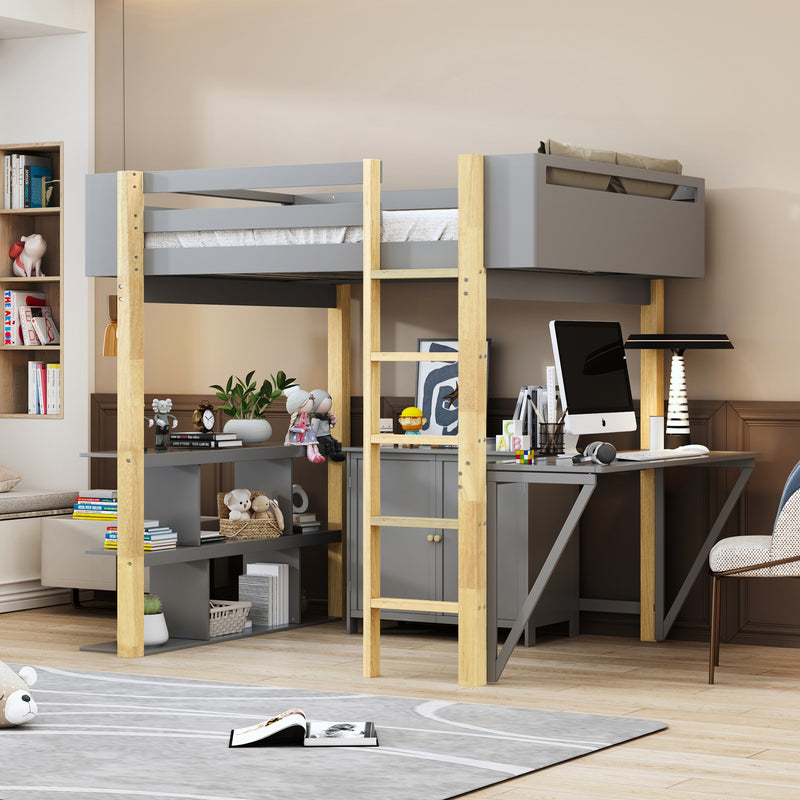 Twin Size Wood Loft Bed With Built-in Storage Cabinet and Cubes, Foldable desk, Gray