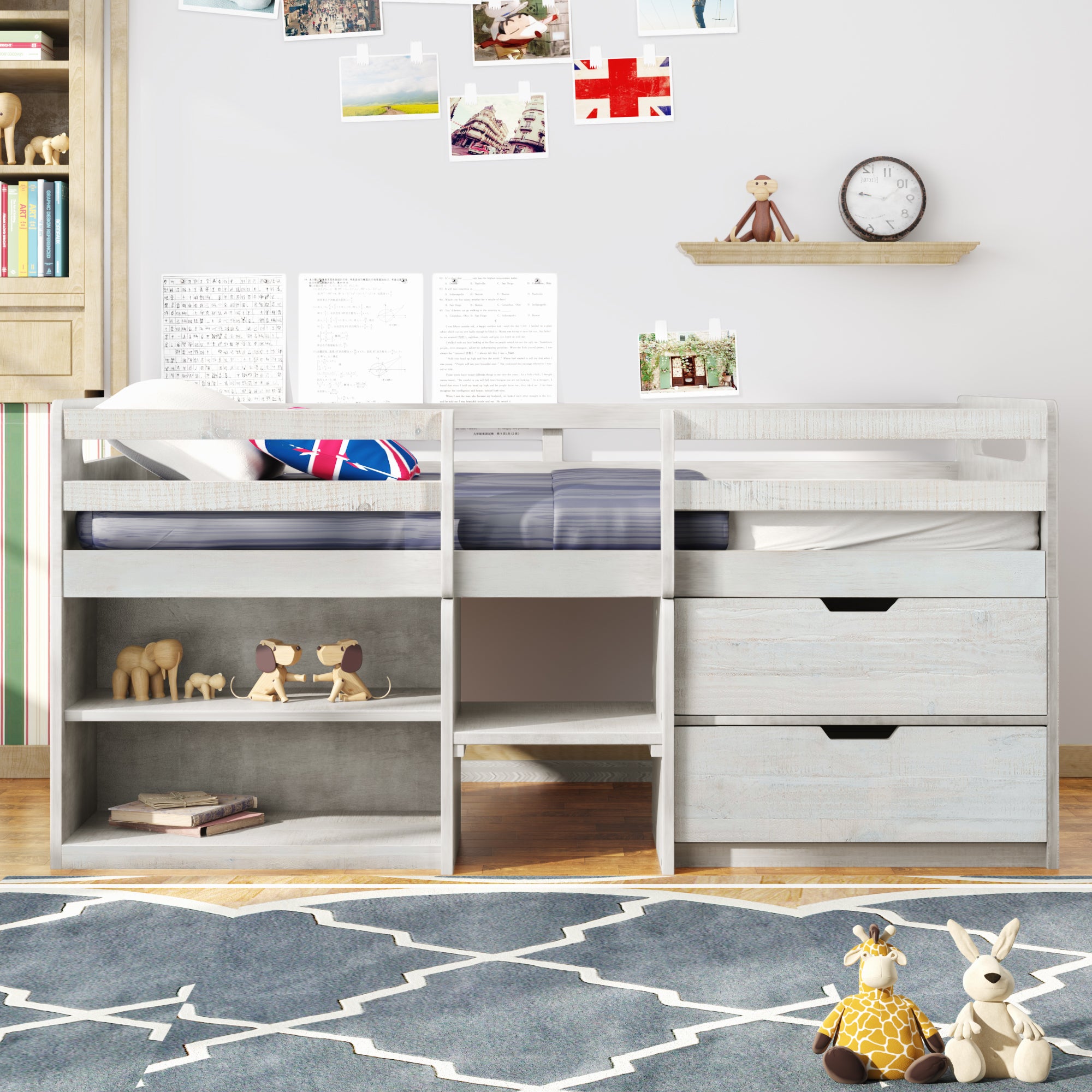 Twin size Loft Bed with Two Shelves and Two drawers (Antique White) - Atlantic Fine Furniture Melbourne FL