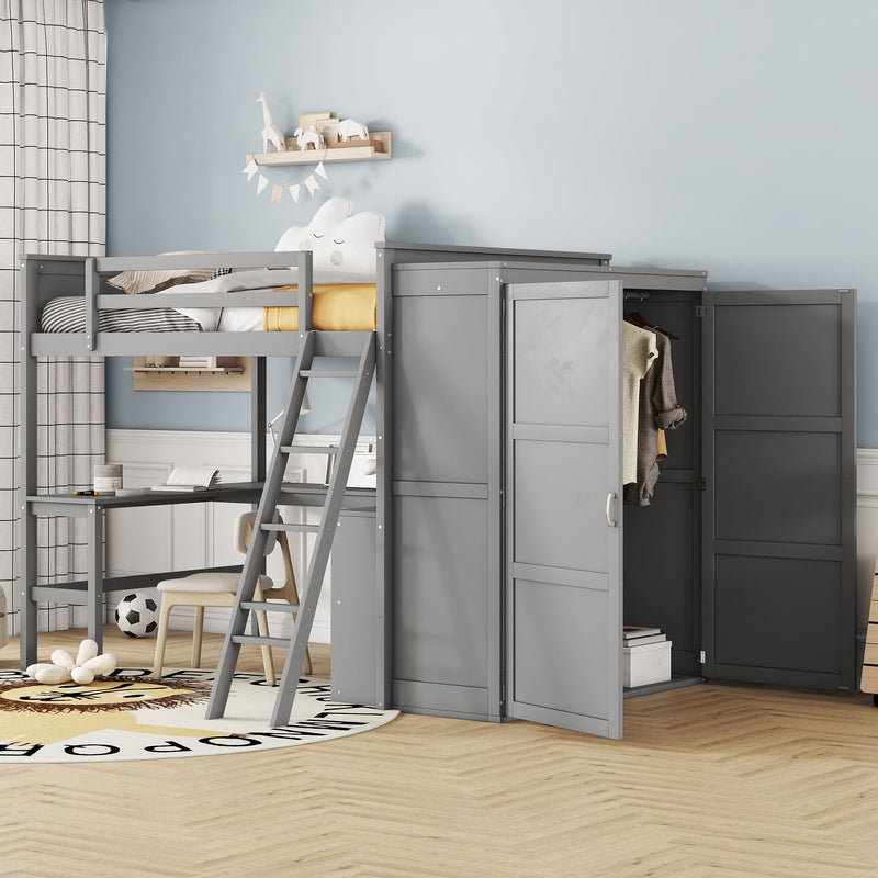 Full Size Loft Bed With Desk, Shelves And Wardrobe - Gray