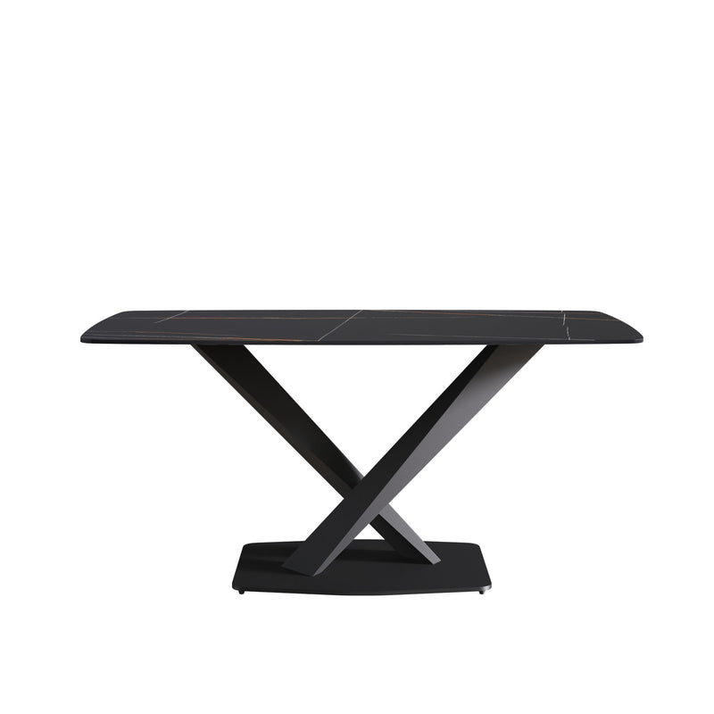 63" Artificial Stone Black Curved Black Metal Leg Dining Table - Black