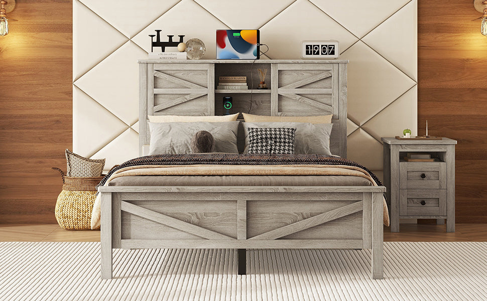 Farmhouse Platform Bed with Double Sliding Barn Door, Full Size Rustic Wood Bed with
Charging Station, Wood Slats Support, Antique Gray - Atlantic Fine Furniture Melbourne FL