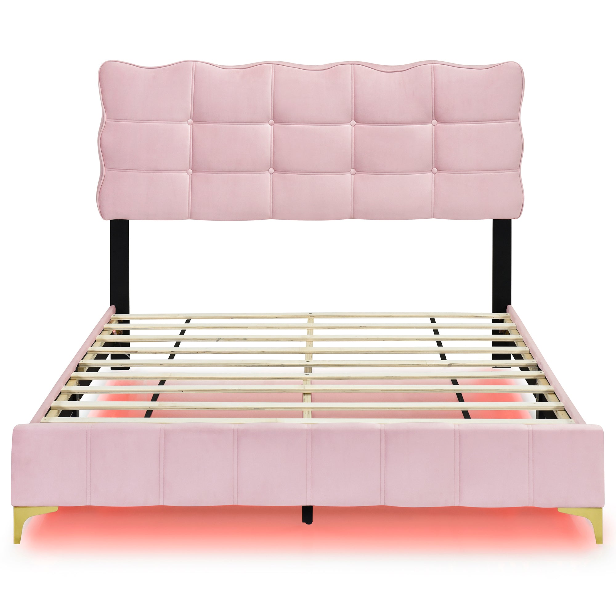 Queen Size Velvet Platform Bed with LED Frame and Stylish Mental Bed Legs, Pink - Atlantic Fine Furniture Melbourne FL