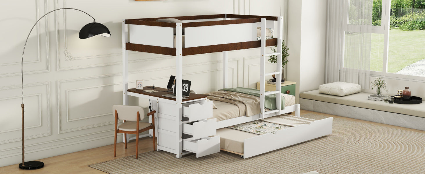 Twin-Over-Twin Bunk Bed with Twin size Trundle, Storage and Desk, White+Walnut - Atlantic Fine Furniture Melbourne FL