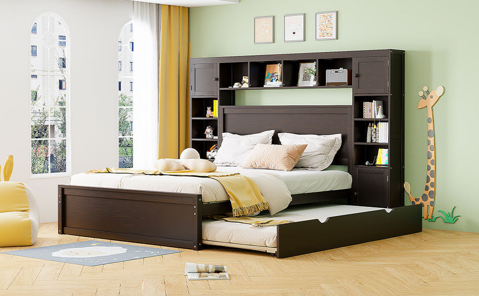 Queen Size Wooden Bed With All-in-One Cabinet, Shelf and Sockets, Espresso - Atlantic Fine Furniture Melbourne FL