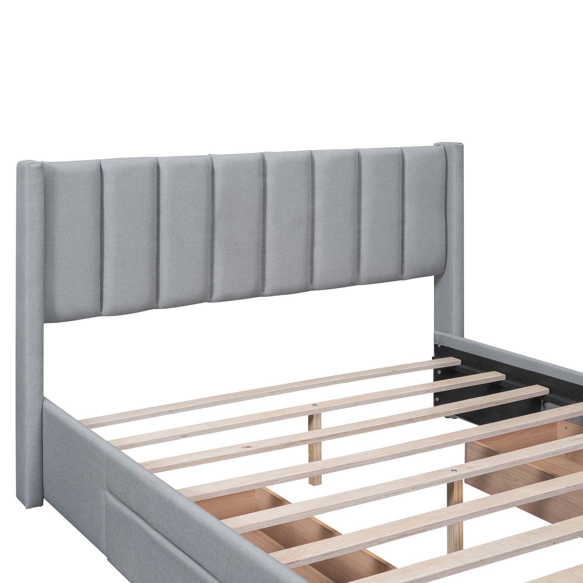 Queen Size Upholstered Platform Bed with One Large Drawer in the Footboard and Drawer on Each Side,Gray - Atlantic Fine Furniture Melbourne FL