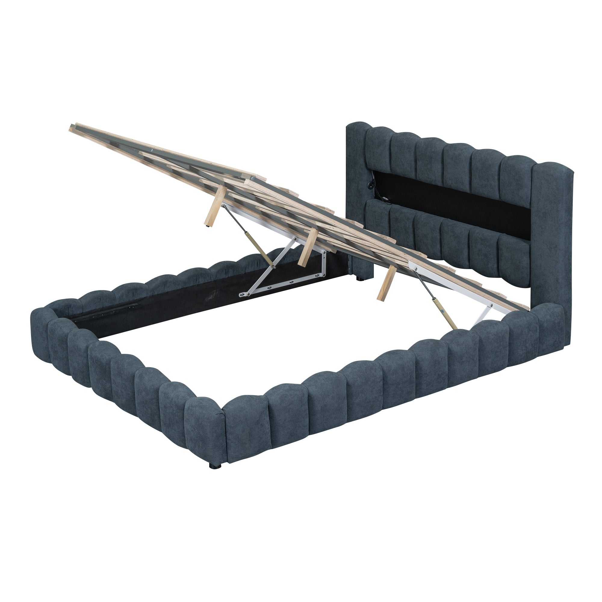 Queen Size Upholstered Platform Bed with LED Headboard and USB, Deep Blue - Atlantic Fine Furniture Melbourne FL
