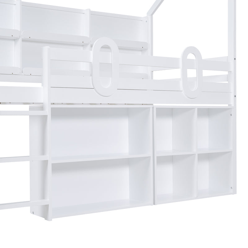 Twin Size House Loft Bed with Multiple Storage Shelves, White