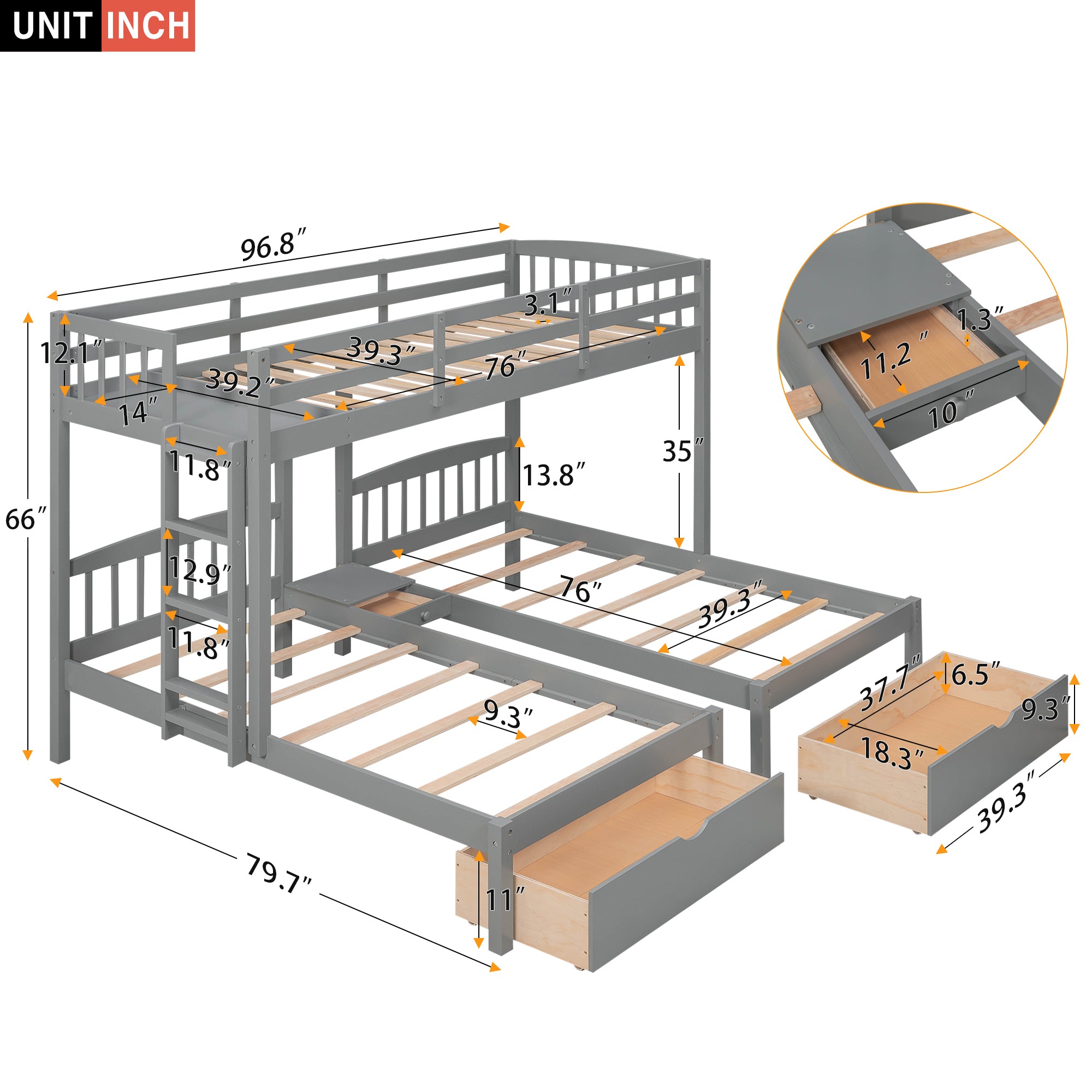 Twin over Twin & Twin Bunk Bed with Two Drawers and Built-in Middle Drawer, Gray - Atlantic Fine Furniture Melbourne FL
