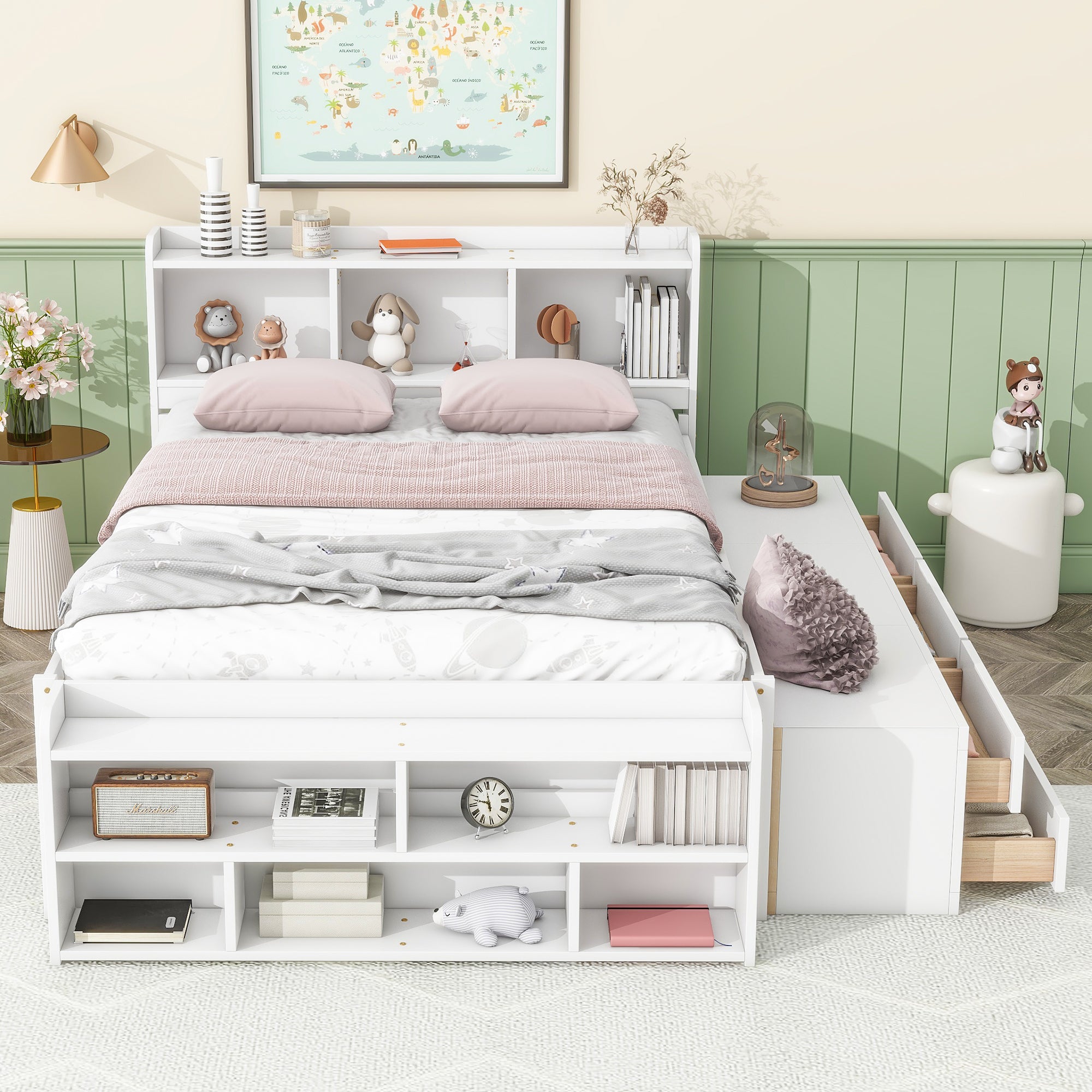 Full Bed with Bookcase Headboard, Under bed Storage Drawers and Bed End Storage Case,White