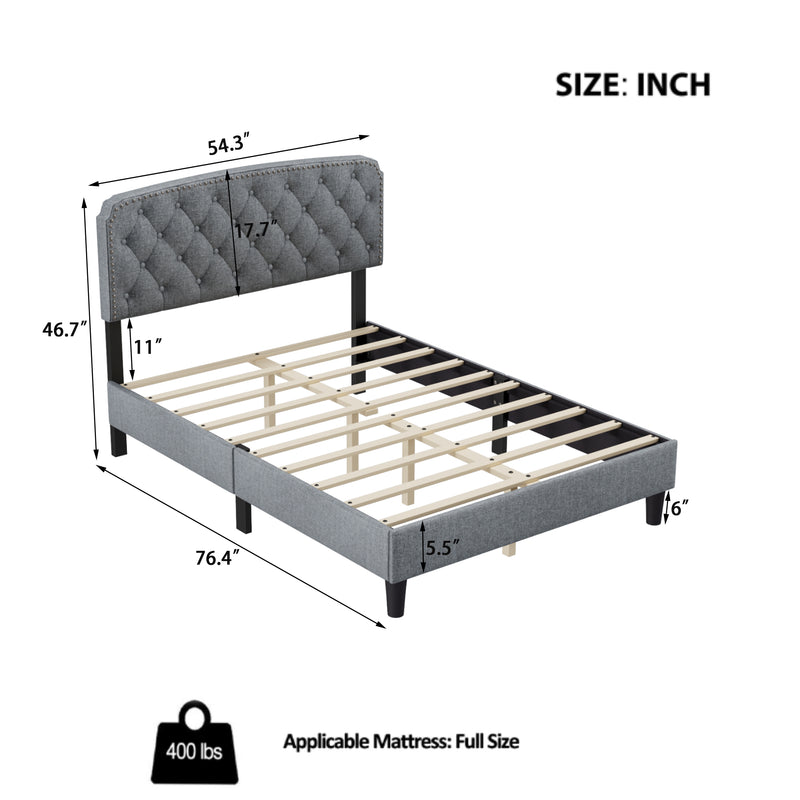 Full size Adjustable Headboard with Fine Linen Upholstery and Button Tufting for Bedroom,  Wave Top  Light Gray