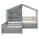 House Bed With Upholstered Sofa, Wireless Charging Station, Shelves And 2 Drawers