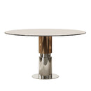 Round Glass Dining Table With Stainless Steel Legs And Chairs