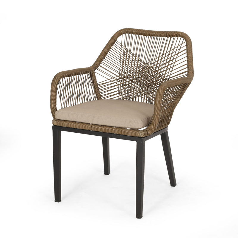 Modern Wicker Dining Club Chair With Water Resistant Cushions - Brown / Beige