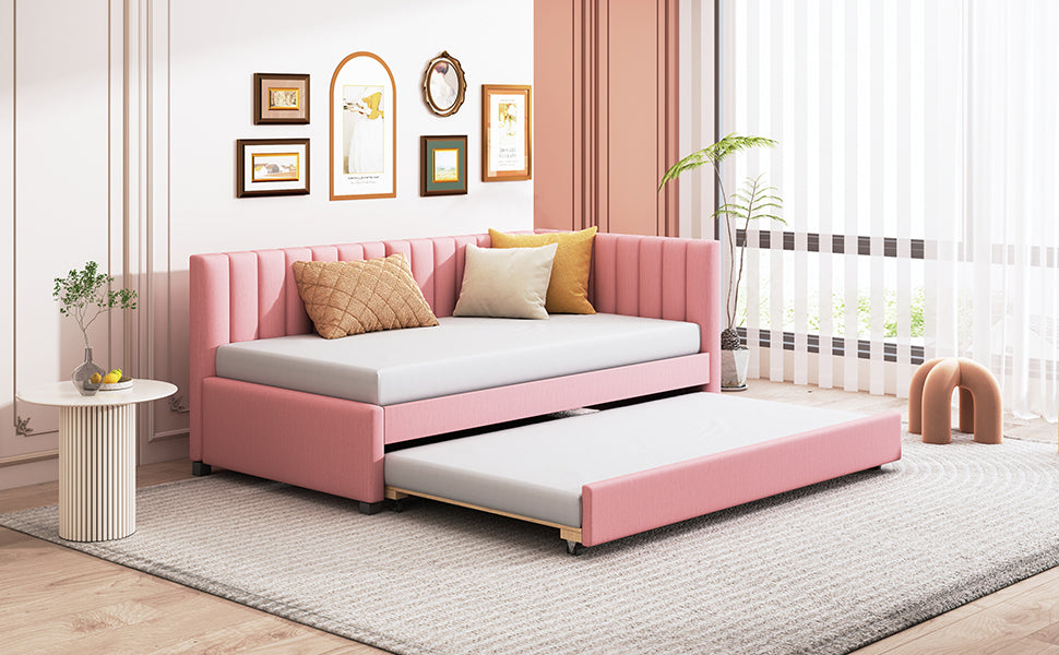 Upholstered Daybed with Trundle Twin Size Sofa Bed Frame No Box Spring Needed, Linen Fabric(Pink) - Atlantic Fine Furniture Melbourne FL