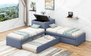 L-shaped Upholstered Platform Bed with Trundle and Two Drawers Linked with built-in Desk,Twin,Gray