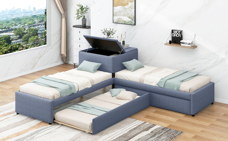 L-shaped Upholstered Platform Bed with Trundle and Two Drawers Linked with built-in Desk,Twin,Gray