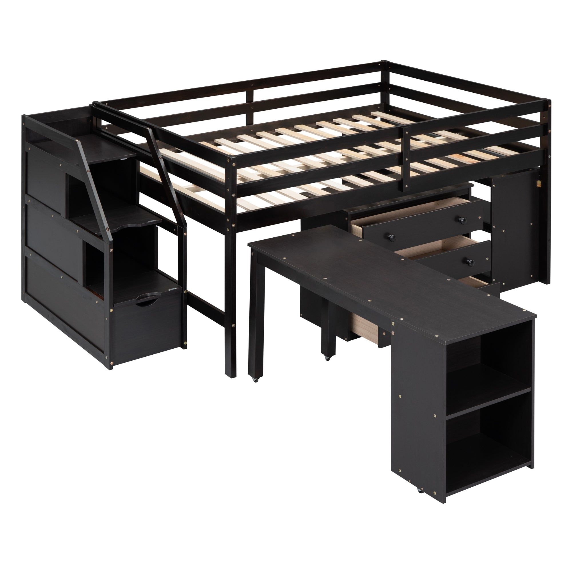 Full Size Loft Bed with Retractable Writing Desk and 3 Drawers, Wooden Loft Bed with Storage Stairs and Shelves, Espresso - Atlantic Fine Furniture Melbourne FL