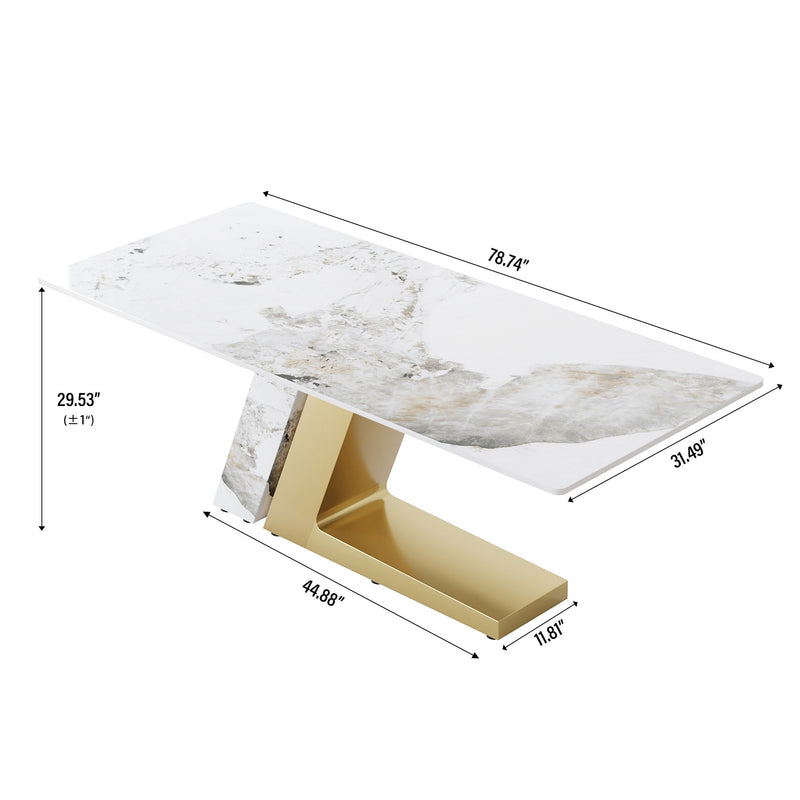 78.74" Modern Artificial Stone Pandora Straight Panel, Can Accommodate 8 People, (Not Including Chairs) - Golden / Pandora White